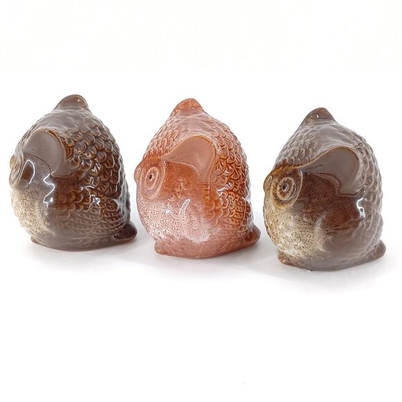 Ceramic Glazed Owl Hoot Figurines Fall Autumn Red Brown Set 3 Glass Decor - Picture 3 of 9